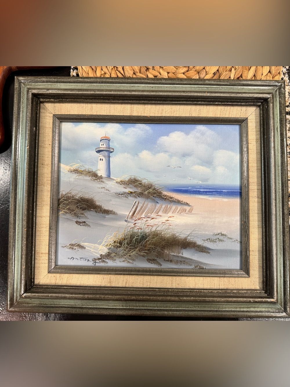 Coastal Lighthouse Seascape Painting in Blue and Cream